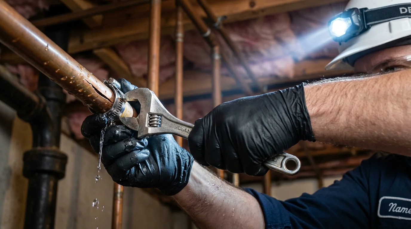Emergency pipe clamp repair being performed by a Johns Plumbing LLC plumber in Twin Falls
